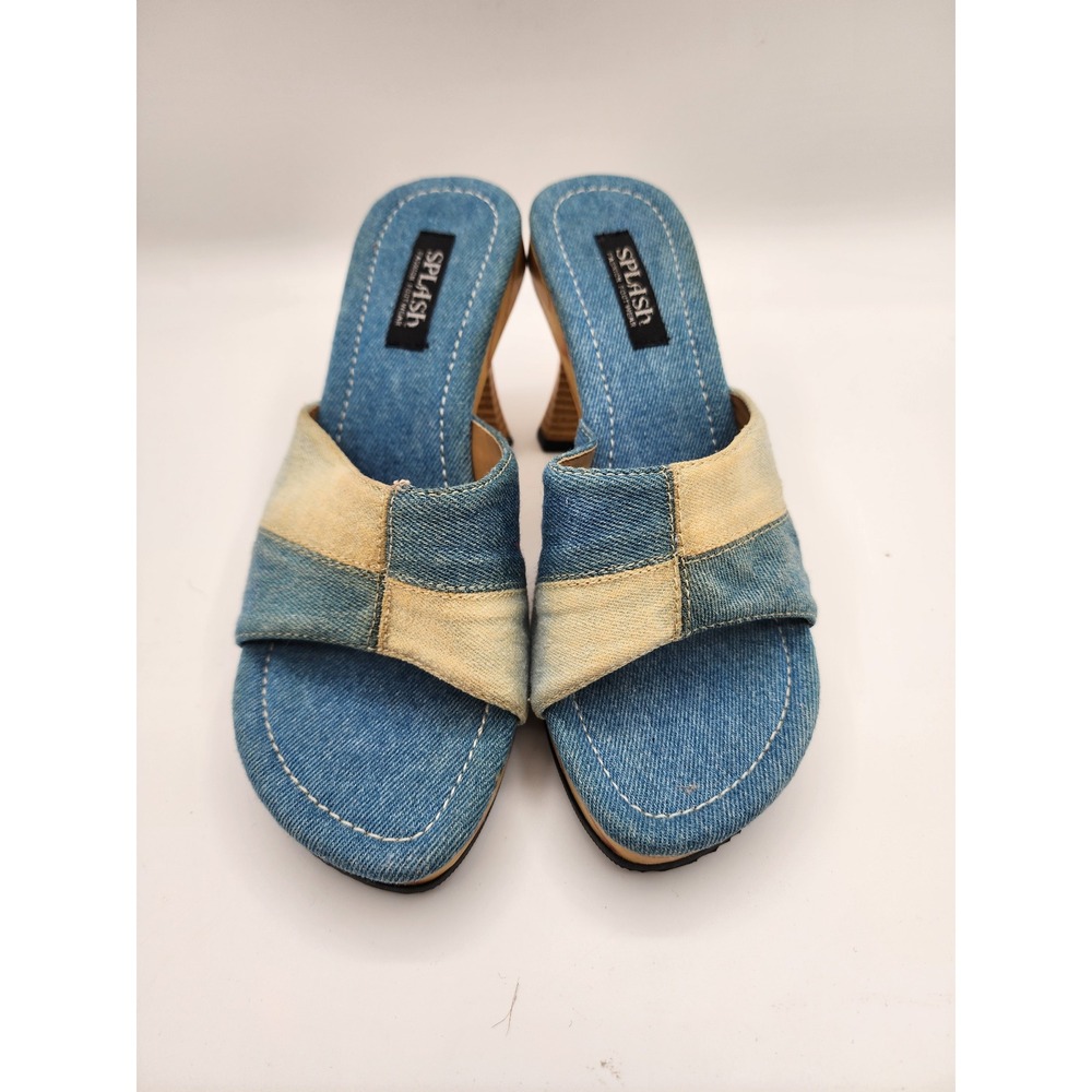 Splash Denim Patchwork Wood Heel Mules Sandals Size 6 Y2K Bratz Lizzie Mcguire